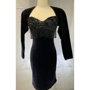 Vtg 80s Zum Zum Bodycon Velvet Little Black Dress Sequined Fringe Bodice Small